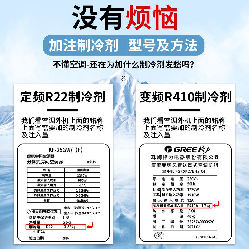 徽冰氟友金莱尔R22制冷剂空调加氟制冷液套装R410a氟利昂冰箱冷媒图片