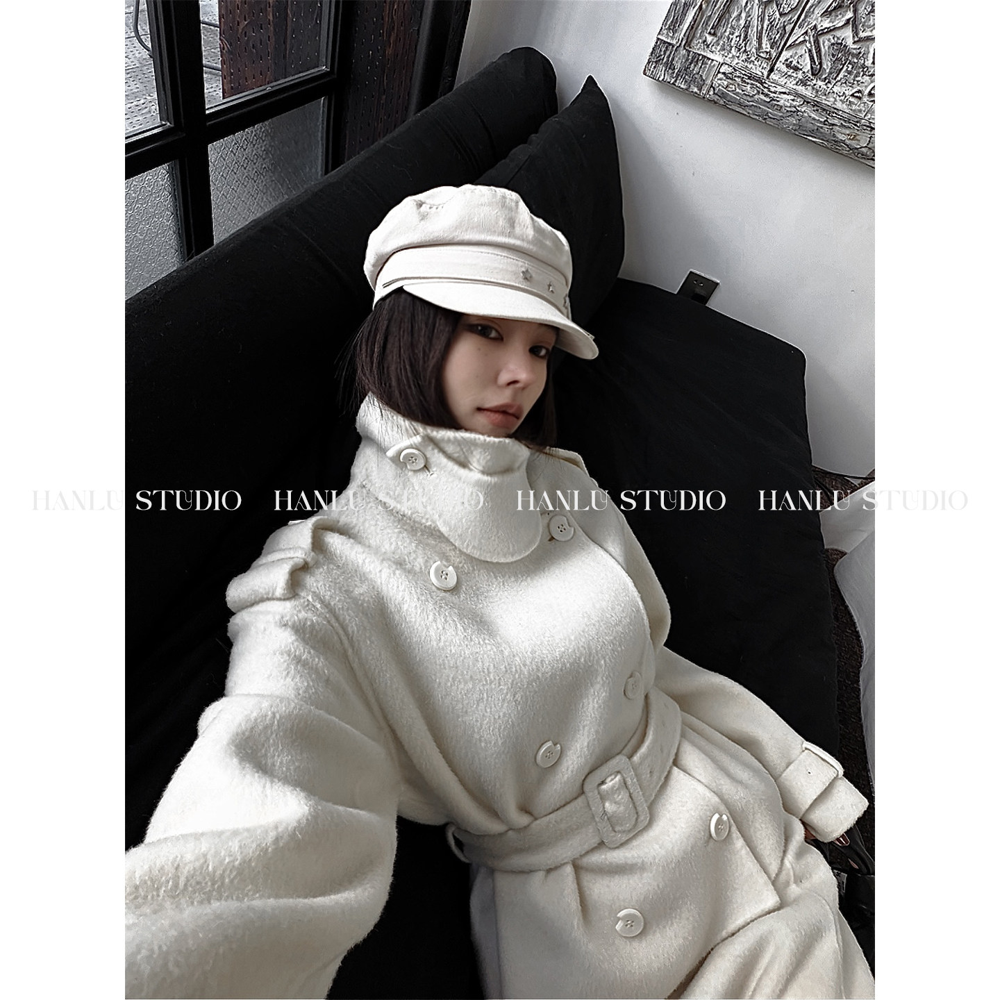 hanlu studio品牌 手工坊系列100绵羊毛直筒短款米白色双面呢外套
