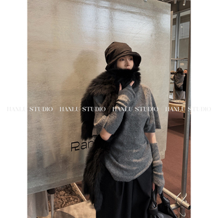 套收腰羊毛深灰色上衣 针织可拆袖 hanlu studio品牌原创氛围感短袖