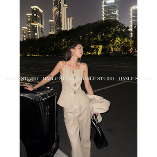 hanlu studio品牌线·小众原创高级感奶茶色棉感立裁收腰皮吊带