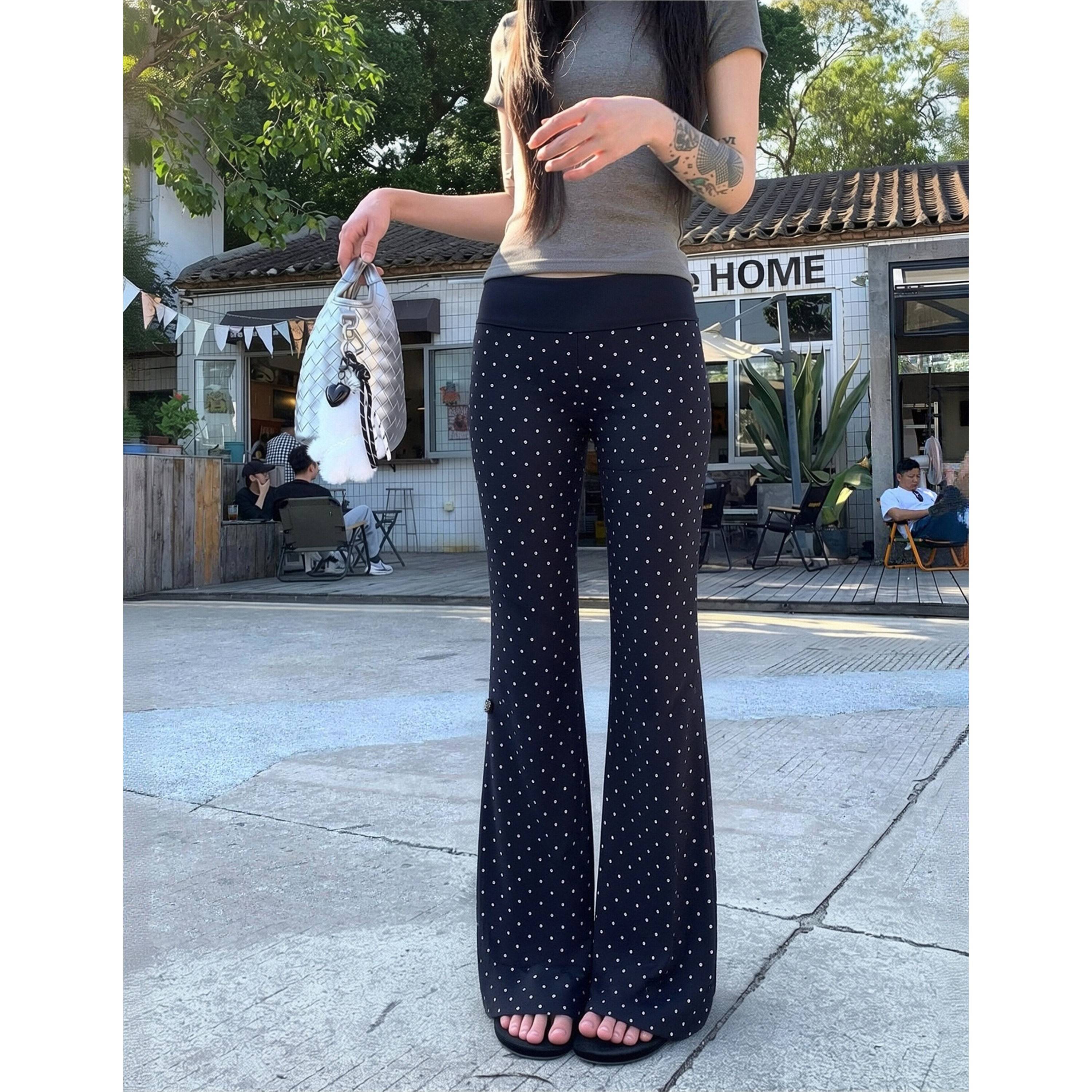 韩系藏青色波点高腰喇叭裤休闲裤女夏季新款百搭显瘦拖地裤微喇叭