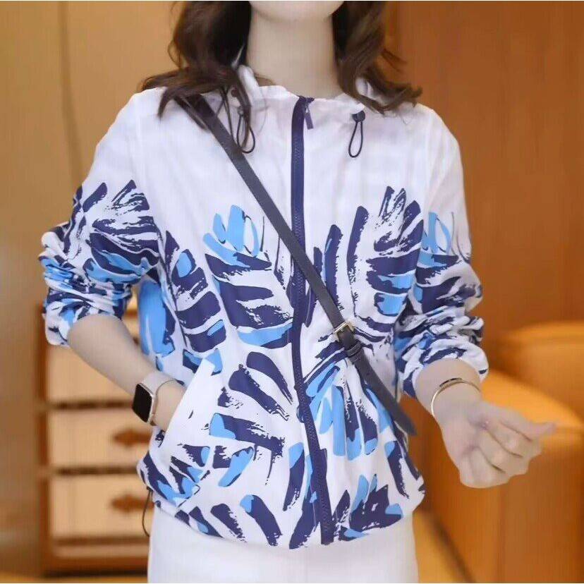 妈妈装夏季薄款防晒衣服印花连帽休闲外套中年女装宽松透气防晒服