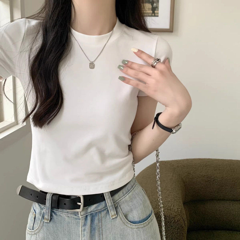 美式辣妹纯色正肩圆领短袖T恤女夏季设计感小众显瘦内搭短款小衫