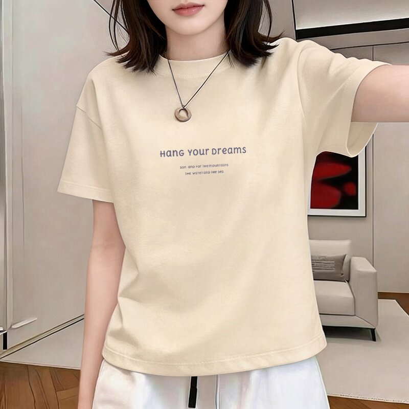正肩圆领短袖t恤女夏季百搭洋气减龄奶油色薄款宽松显瘦上衣