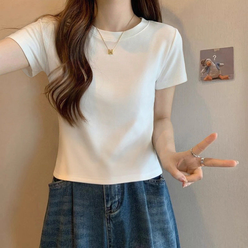 纯白色高腰显瘦纯棉短袖t恤女夏季2026新款宽松时尚短款上衣ins