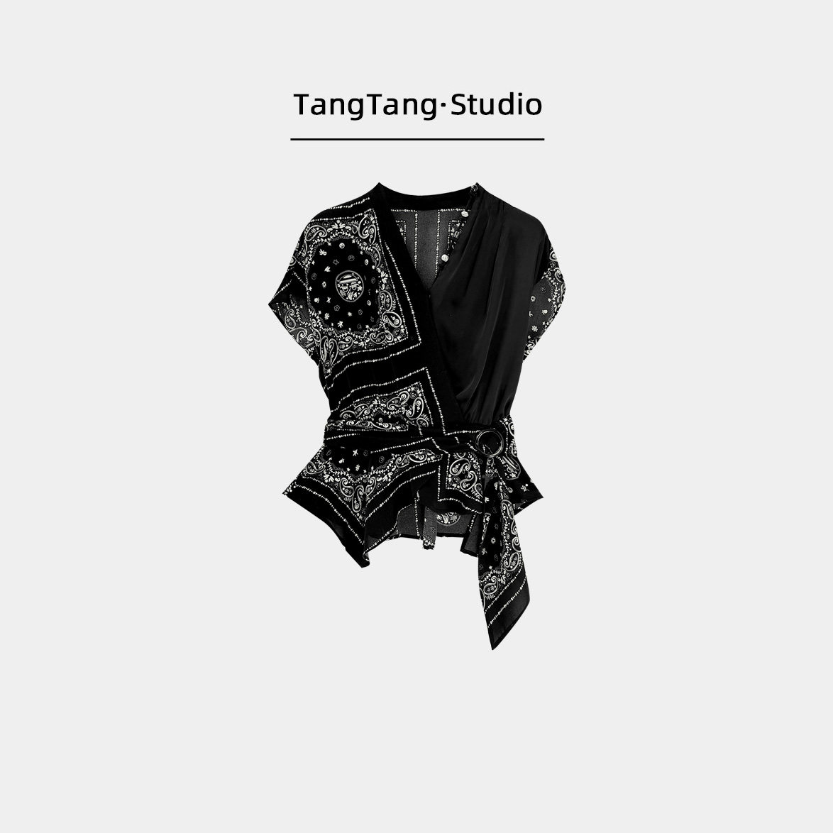 【TangTang·Studio】花位上衣拼接不规则V领收腰系带上衣-126803