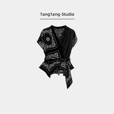 【TangTang·Studio】花位上衣拼接不规则V领收腰系带上衣-126803