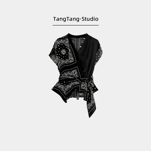 【TangTang·Studio】花位上衣拼接不规则V领收腰系带上衣-126803