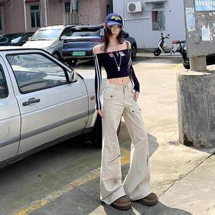 HLOU春夏季新地款美式设计感多口女HL963袋微直筒喇高腰牛仔裤拖