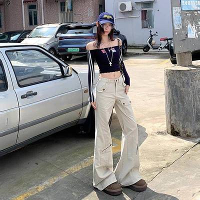 HLOU春夏季新地款美式设计感多口女HL963袋微直筒喇高腰牛仔裤拖