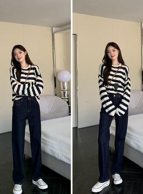 必入榜名~深蓝色筒仔裤春秋NOU2女025直年新款宽松牛显瘦阔腿裤