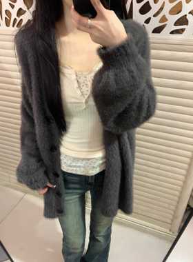 pupp上yoo慵懒风尚貂绒毛衣OHY女外套冬新款宽松纯色V时秋领衣