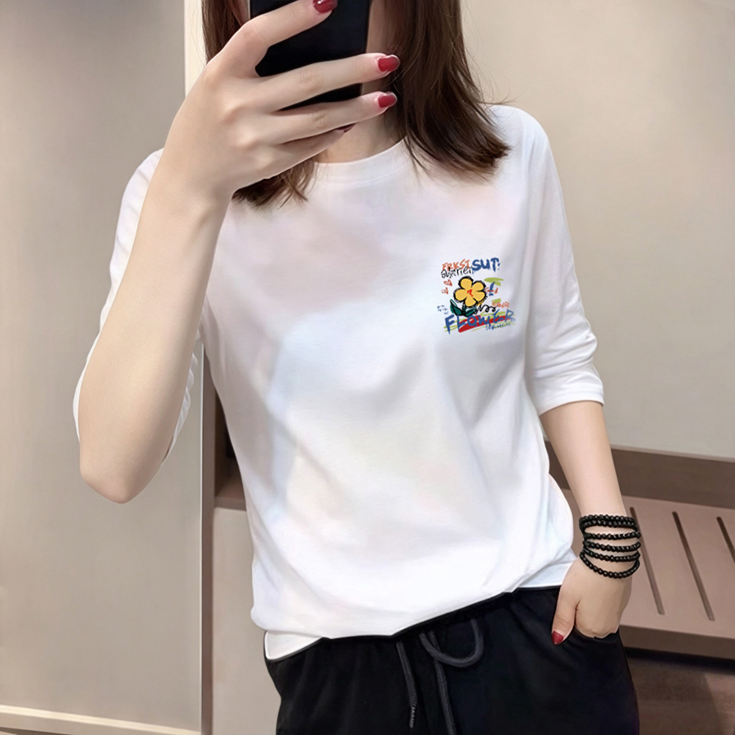 韩版2026春夏宽松大码七分袖t恤女打底衫中袖女装显瘦百搭上衣潮
