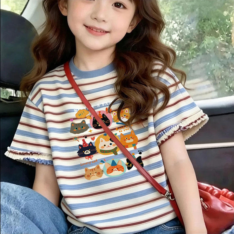 夏季100%棉新款女童条纹猫咪印花短袖T恤韩版休闲儿童上衣透气潮