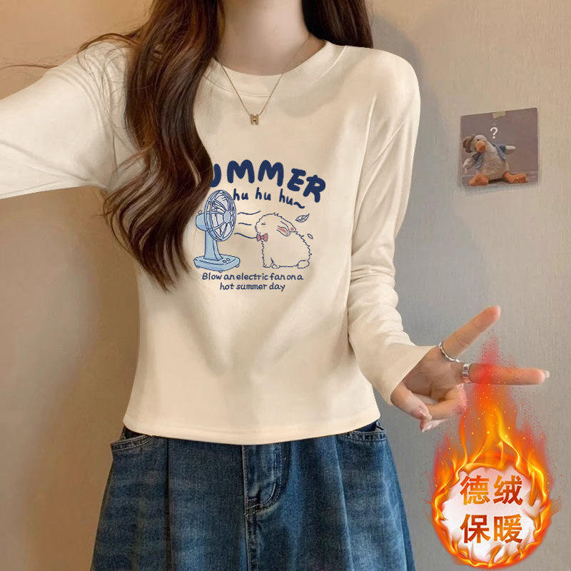 圆领膨体德绒内搭长袖T恤打底衫女秋冬字母印花短款修身显瘦上衣