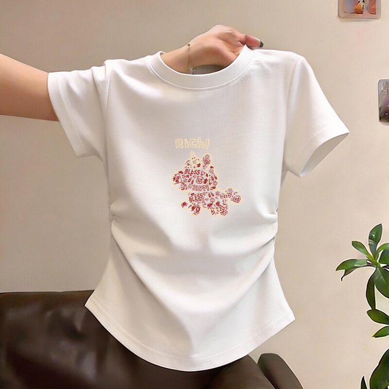 圆领白色短袖t恤女2026夏季新款修身显瘦正肩不规则短款皱褶上衣