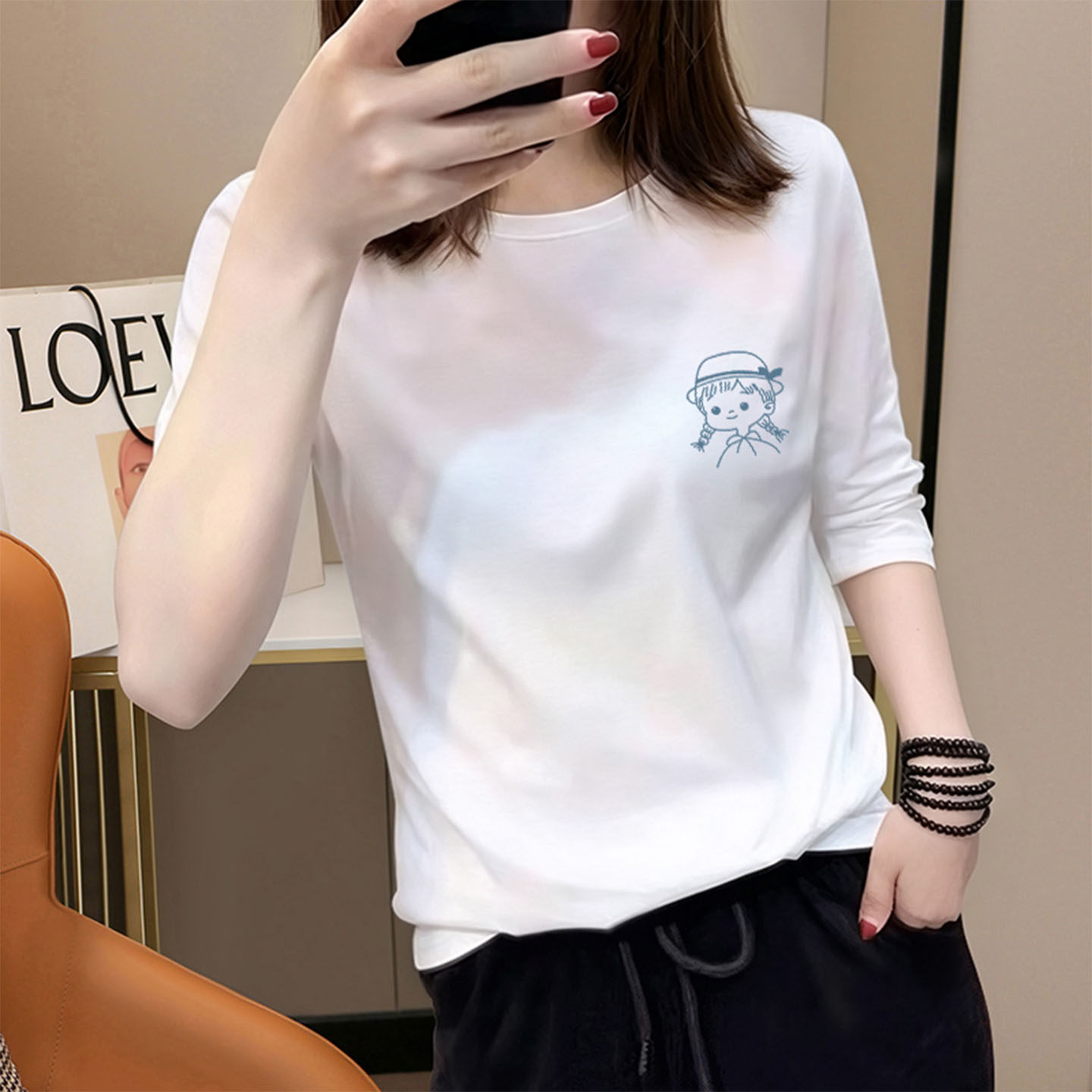 2026夏季新款白色宽松大码显瘦七分袖t恤女内搭欧货秋冬打底上衣