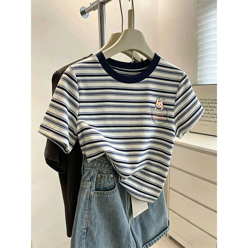 设计感正肩棉质领口拼色条纹卡通印花短袖t恤女时尚百搭上衣夏季