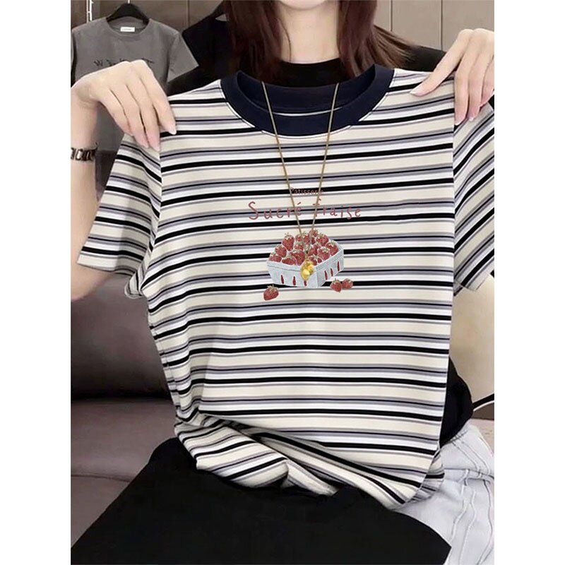 韩系撞色条纹短袖t恤女小众设计感清新印花正肩显瘦减龄上衣夏季