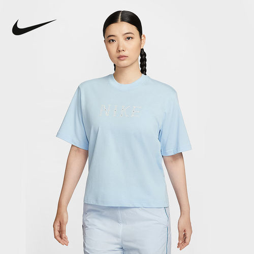 Nike耐克短袖女夏季复古印花宽松针织透气蓝色运动T恤II0446-441