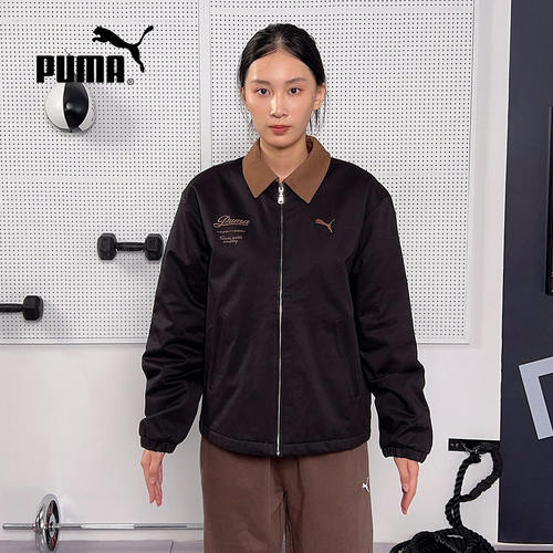 PUMA彪马夹克冬季男女同款休闲保暖夹棉服黑色翻领外套635723-01