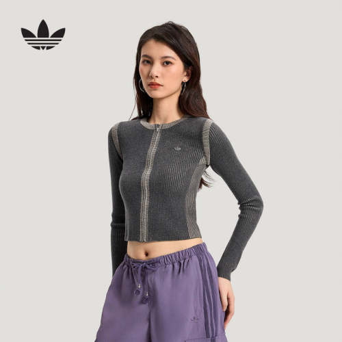 adidas阿迪达斯三叶草短款紧身毛衣夹克外套2026春女针织衫KR5038