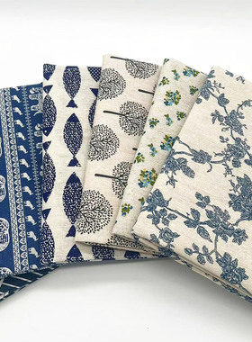 复古风蓝色棉麻布料印花布桌布窗帘沙发面料diy手工布头清仓处理