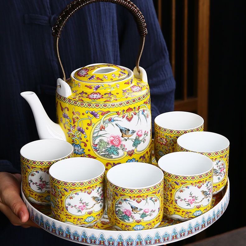 珐琅彩提梁壶套装带过滤茶壶茶杯大号单壶陶瓷泡茶壶凉水壶茶具