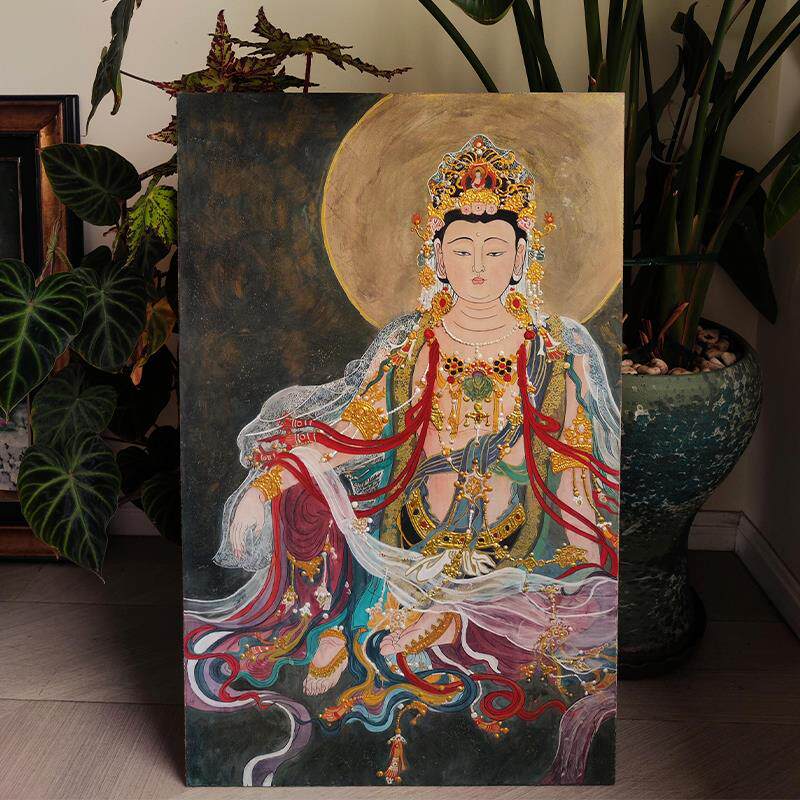 水月观音中式神话高级大气装饰画客厅玄关壁画黄财神招财镇宅挂画