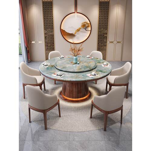 新中式高端大理石餐桌椅组合家居别墅餐厅实木圆桌与转盘简易餐桌