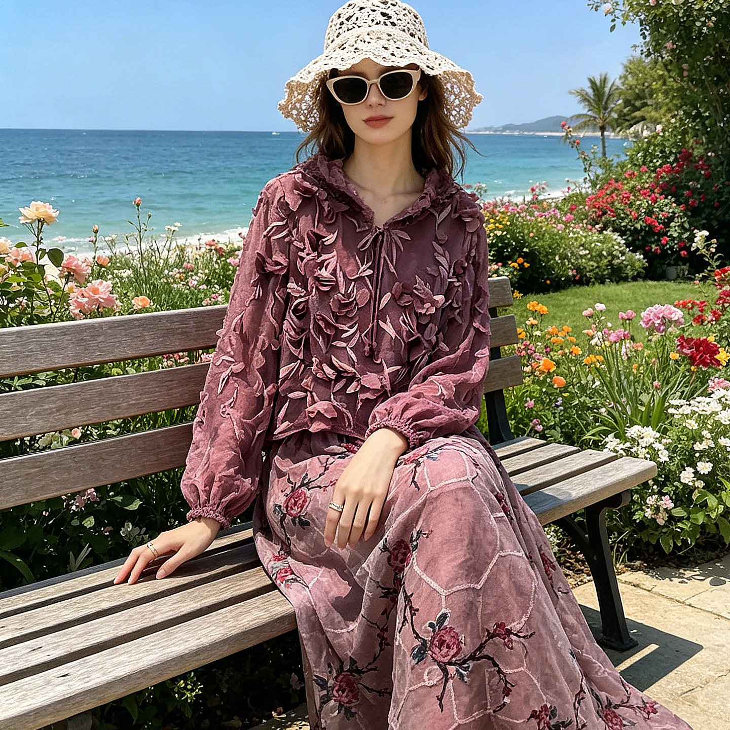 桑蚕丝连衣裙女高端真丝拼接欧根纱刺绣假两件收腰显瘦度假风长裙