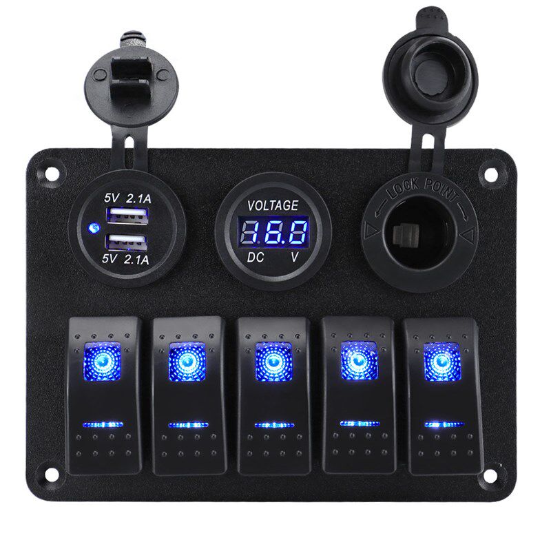 5+3房车游艇带LED灯防水船用面板开关 船型组合开关USB点烟器