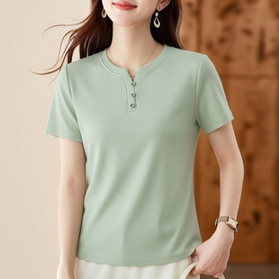 短款 夏季 纯色半袖 t恤女今年流行爆款 体恤正肩女士v领上衣 绿色短袖
