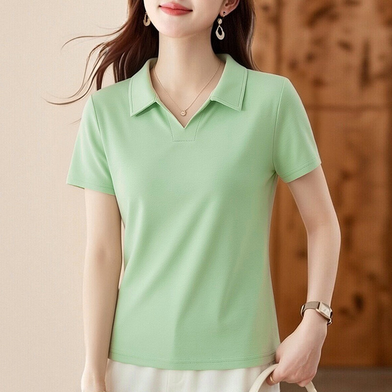 2026年夏季POLO领短袖T恤新款修身显瘦小衫纯色休闲女士正肩上衣