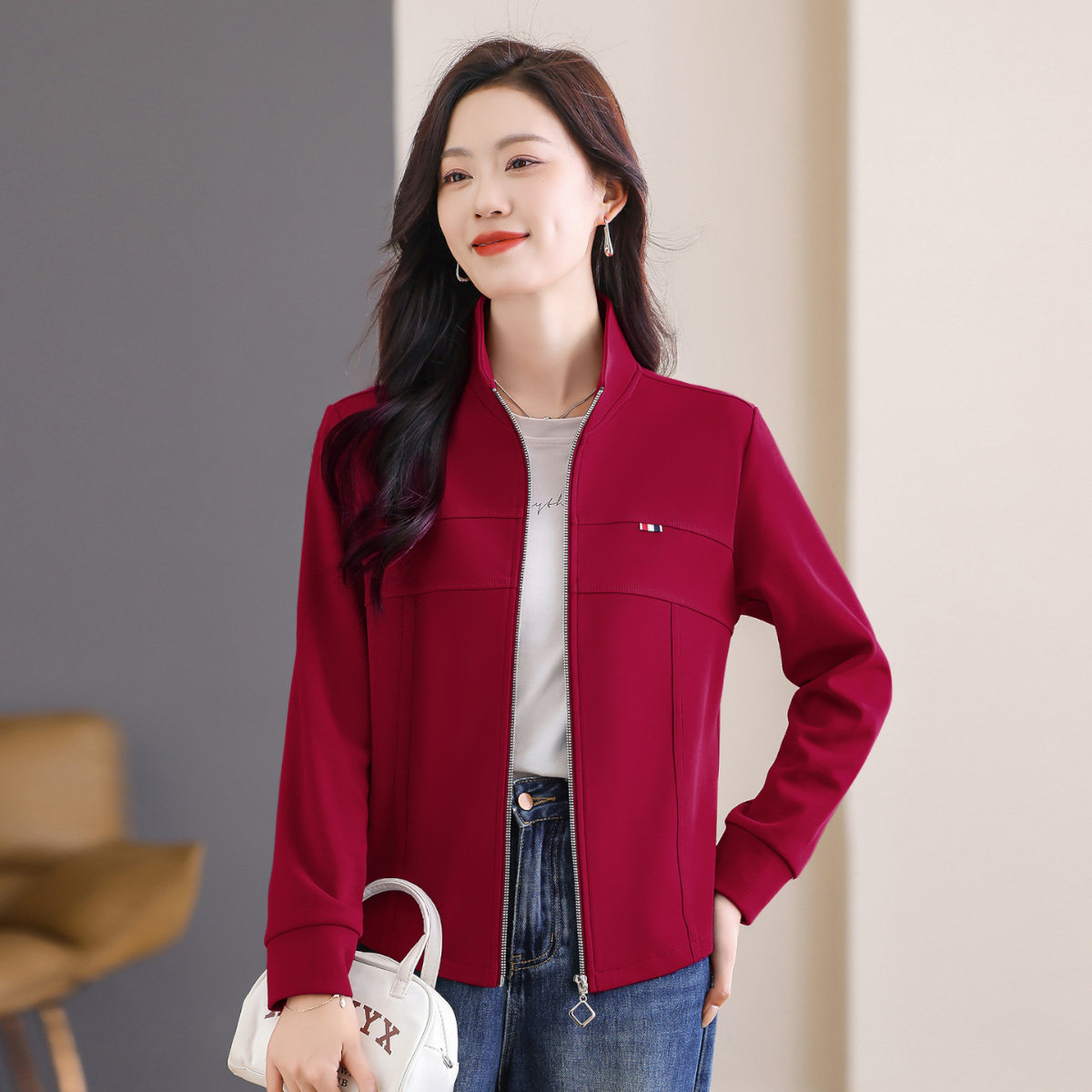 红色立领开衫拉链外套女春秋薄款2026年新款爆款卫衣休闲运动上衣