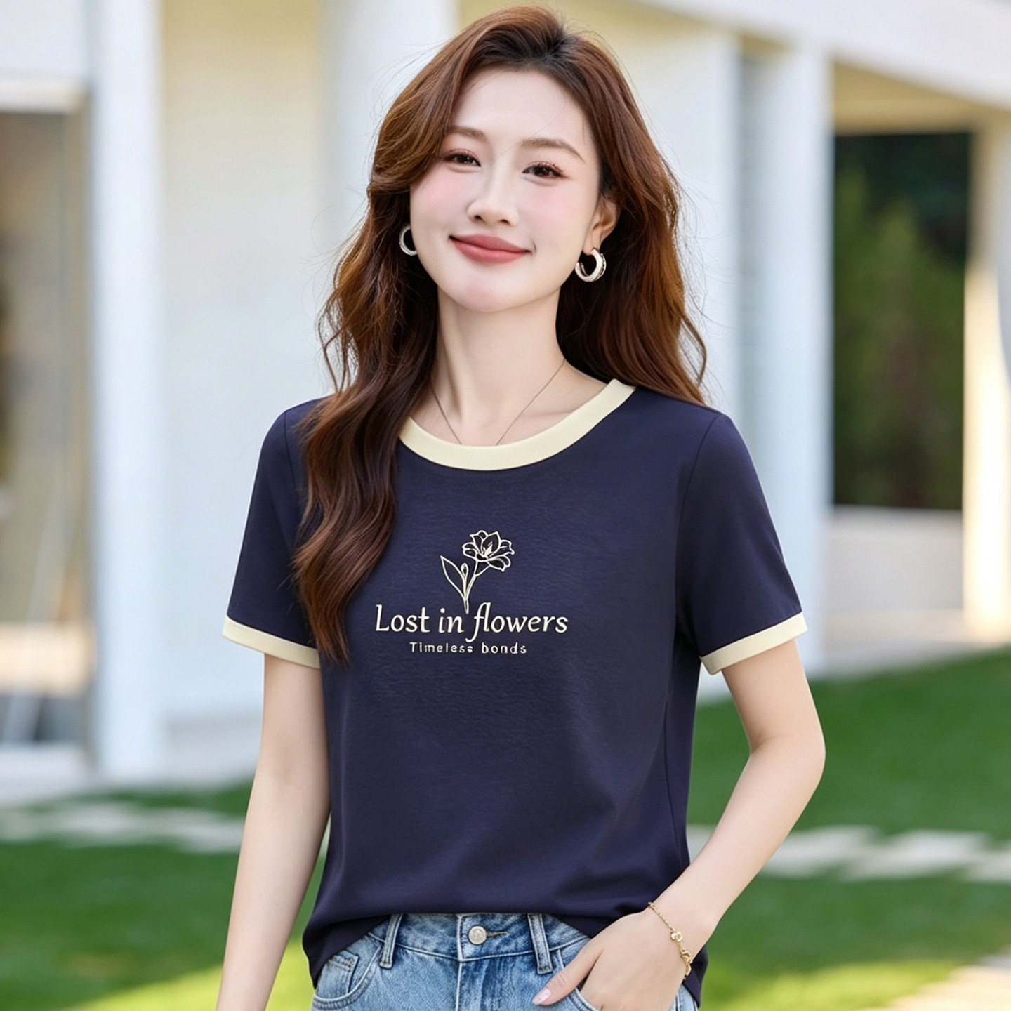 假两件圆领短袖T恤女2026夏季新款印花半袖体恤显瘦女士撞色上衣
