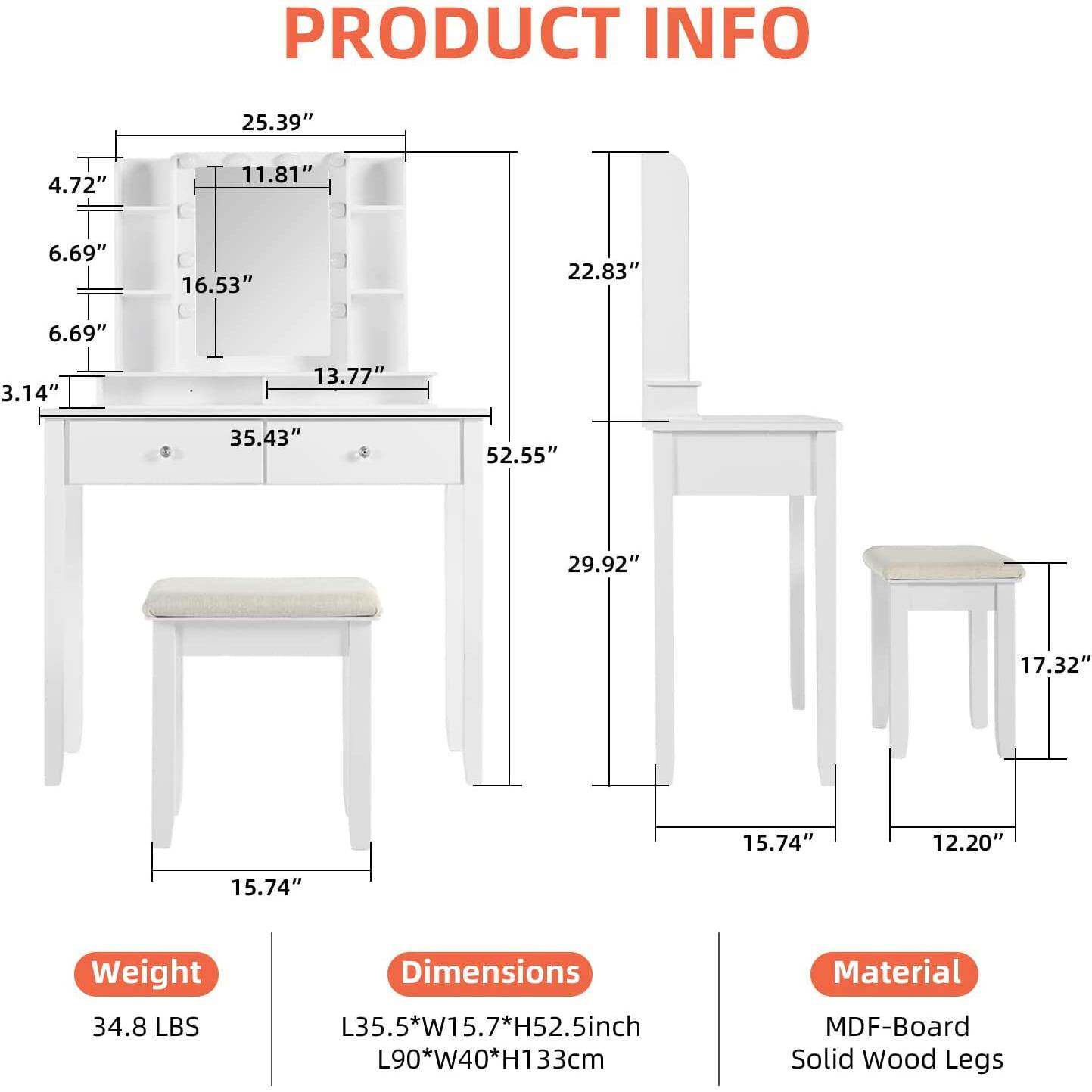 简约家居梳妆台化妆桌翻盖镜面化妆台两抽收纳梳妆桌子凳子套装