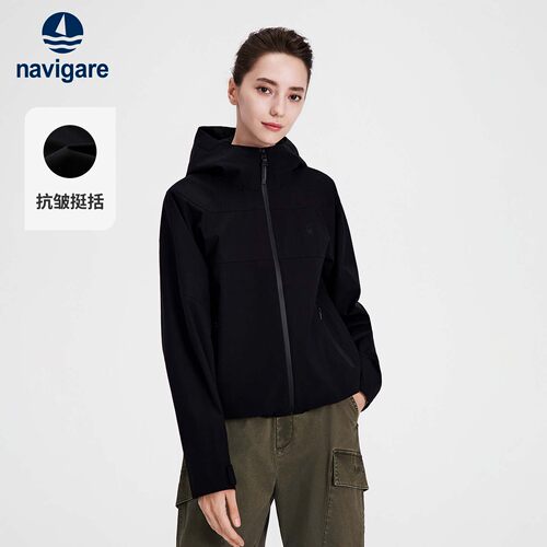 Navigare小帆船黑色连帽长袖夹克女士2026秋冬新款耐磨通勤短外套