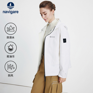 navigare意大利小帆船秋冬季短款风衣女防水连帽夹克加绒休闲外套