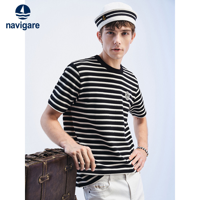 Navigare意大利小帆船圆领针织T恤男士短袖夏季新款休闲条纹