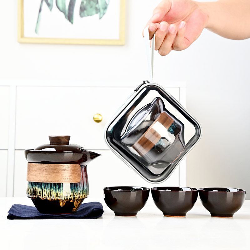便携旅行陶瓷茶具套装一壶三杯窑变釉茶壶茶杯盖碗户外茶具礼品