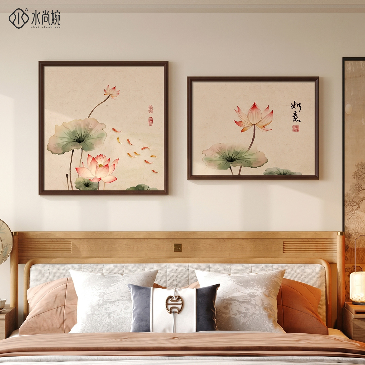 【宋氏美学】荷花九鱼图卧室挂画