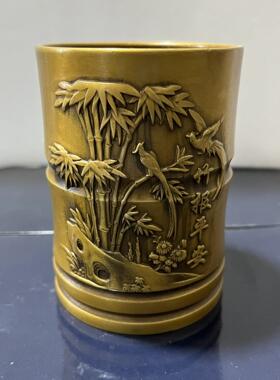 仿古黄铜加厚竹报平安笔筒摆件家居书房文房四宝怀旧工艺品