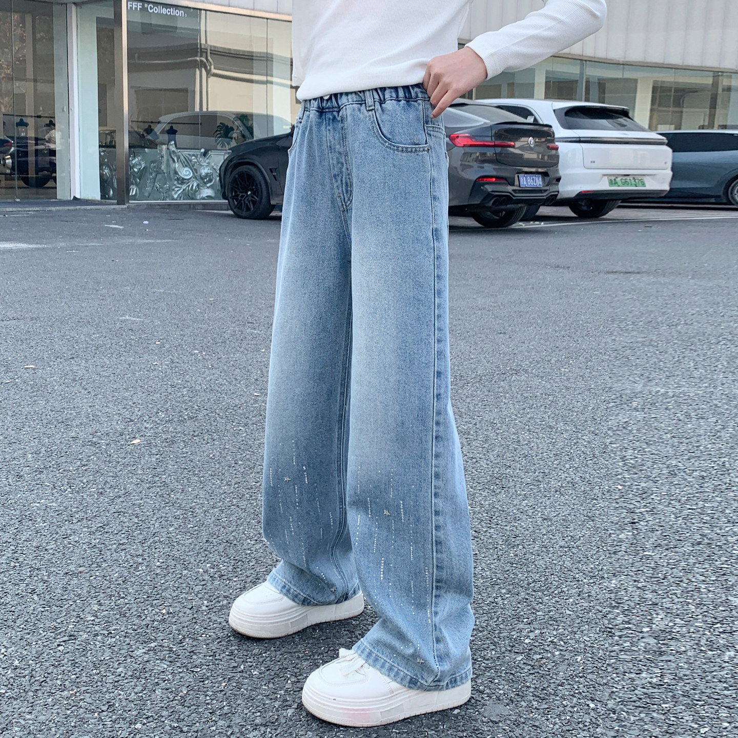 女童牛仔裤春秋新款直筒阔腿儿童裤子浅蓝色洋气胖孩儿童长裤休闲