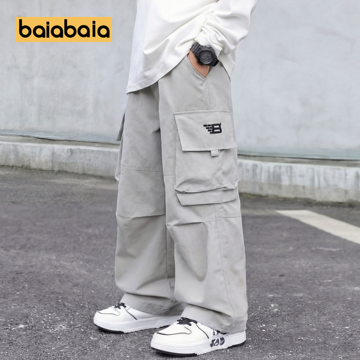 儿童裤子春秋新款男童工装裤黑色男孩中大童长裤速干阔腿初中生薄