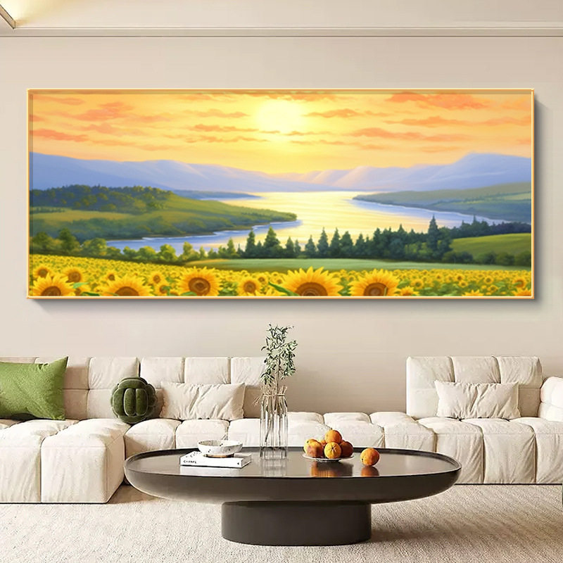 向日葵装饰画客厅沙发背景挂画日出东方高档横幅大尺寸风景壁画