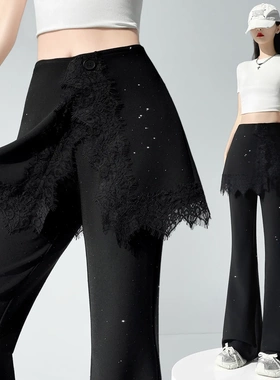 满钻假两件屁帘蕾丝拼接黑色高腰喇叭裤女弹力修身显瘦微喇西装裤