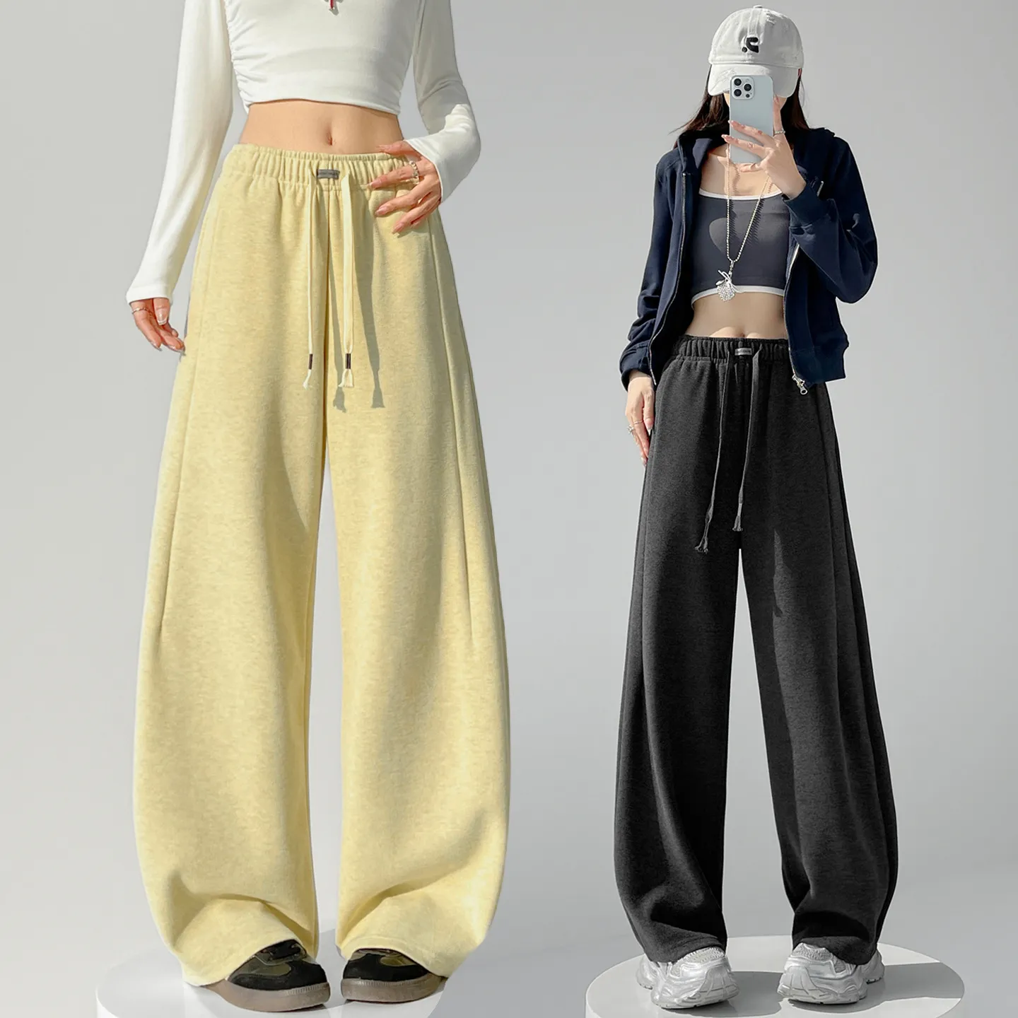 美式运动裤女春季2026新款高腰垂感宽松阔腿裤小个子休闲弯刀卫裤