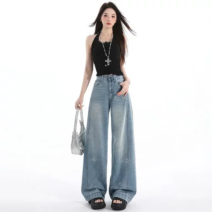 礼花烫钻阔腿裤女夏季新款牛仔裤直筒裤复古蓝高腰休闲裤