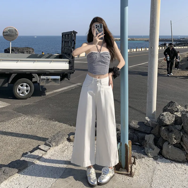 老钱复古垂感牛仔裤新款高腰双扣垂感小个子宽松九分阔腿牛仔裤女